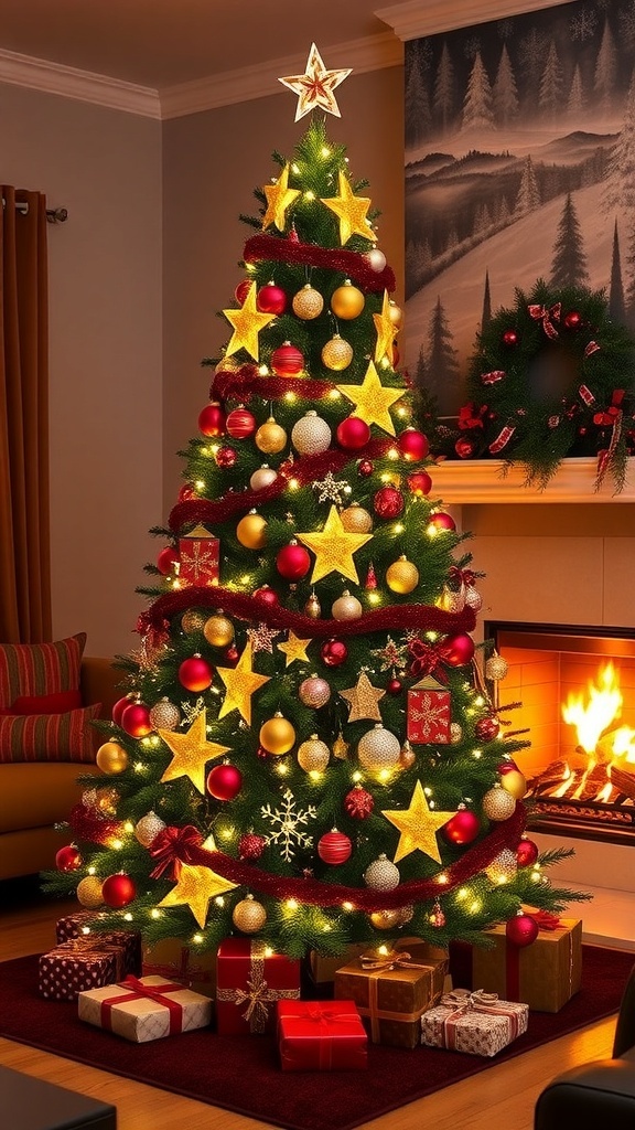 An 8 feet Christmas tree decorated with lights and ornaments in a cozy living room.